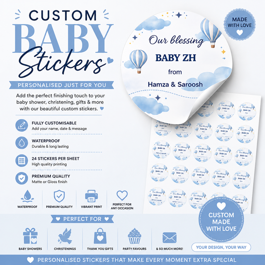 Personalised Baby Stickers – Custom Name Labels – Baby Shower, Christening & Party Favour Stickers – Waterproof – 24 Per Sheet